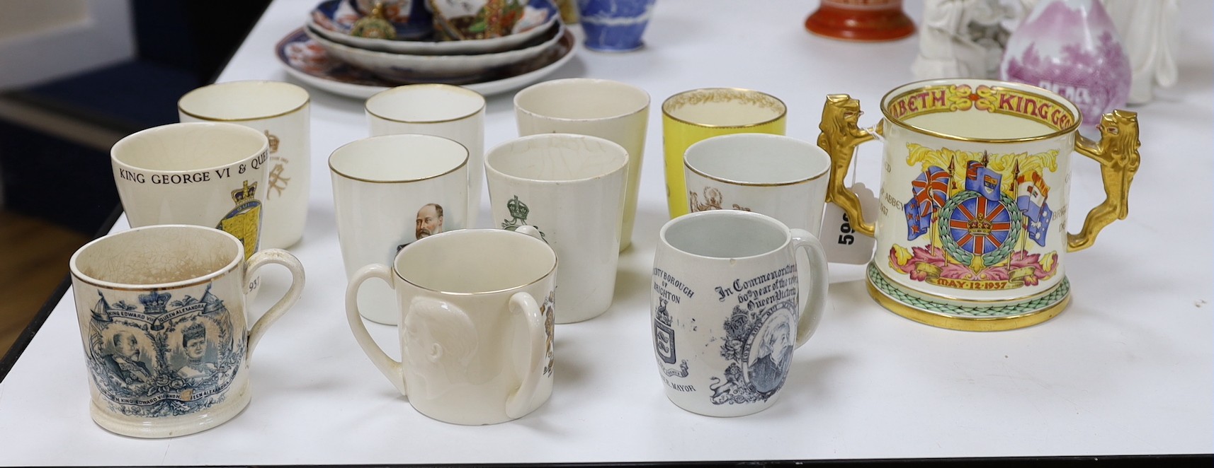 A collection of 19th/20th century commemorative ceramics including a Paragon QEII coronation commemorative Loving cup